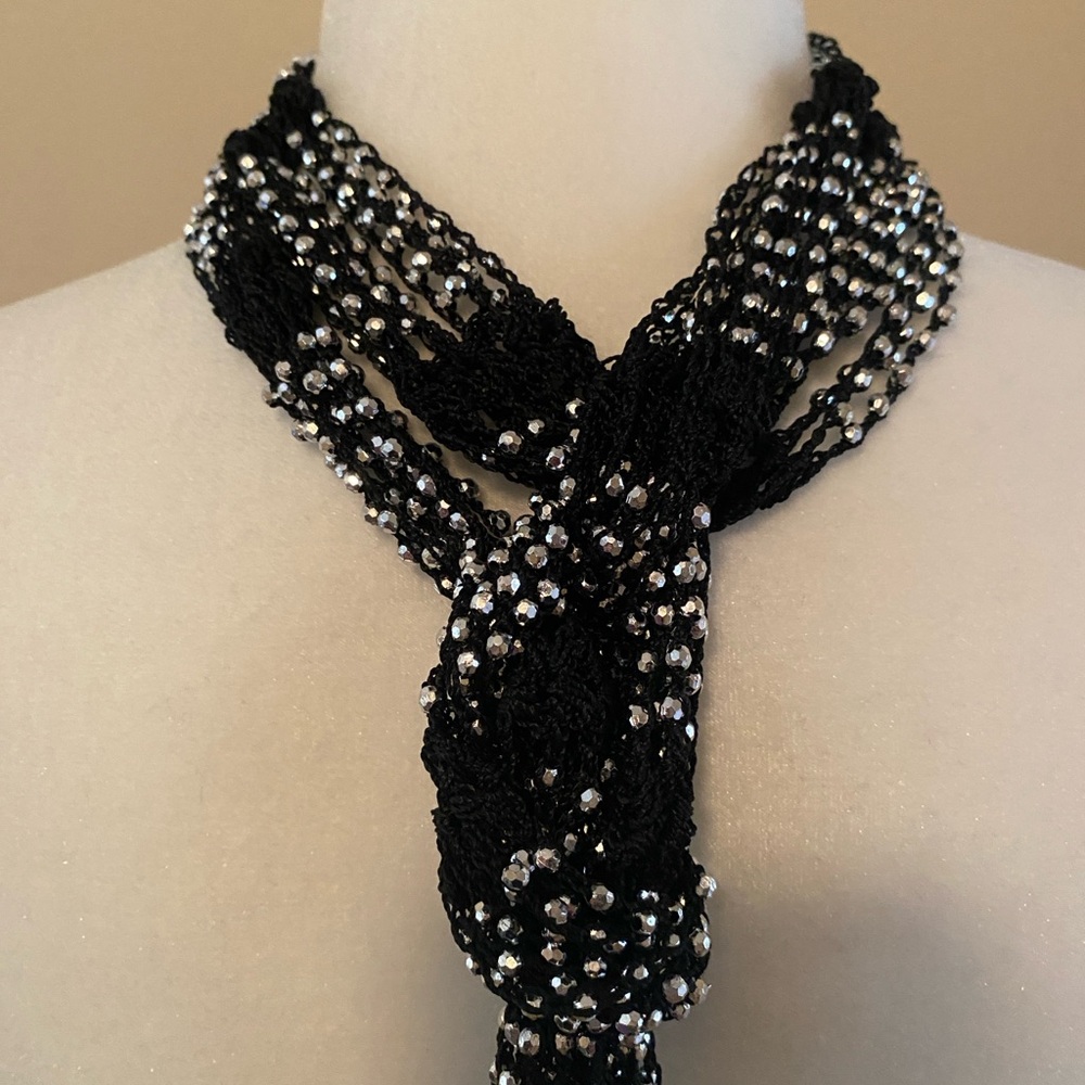 Two Pack Crocheted Beaded Necklace/Belt Jewelry Black/Silver and Blue/Silver - Picture 5 of 14